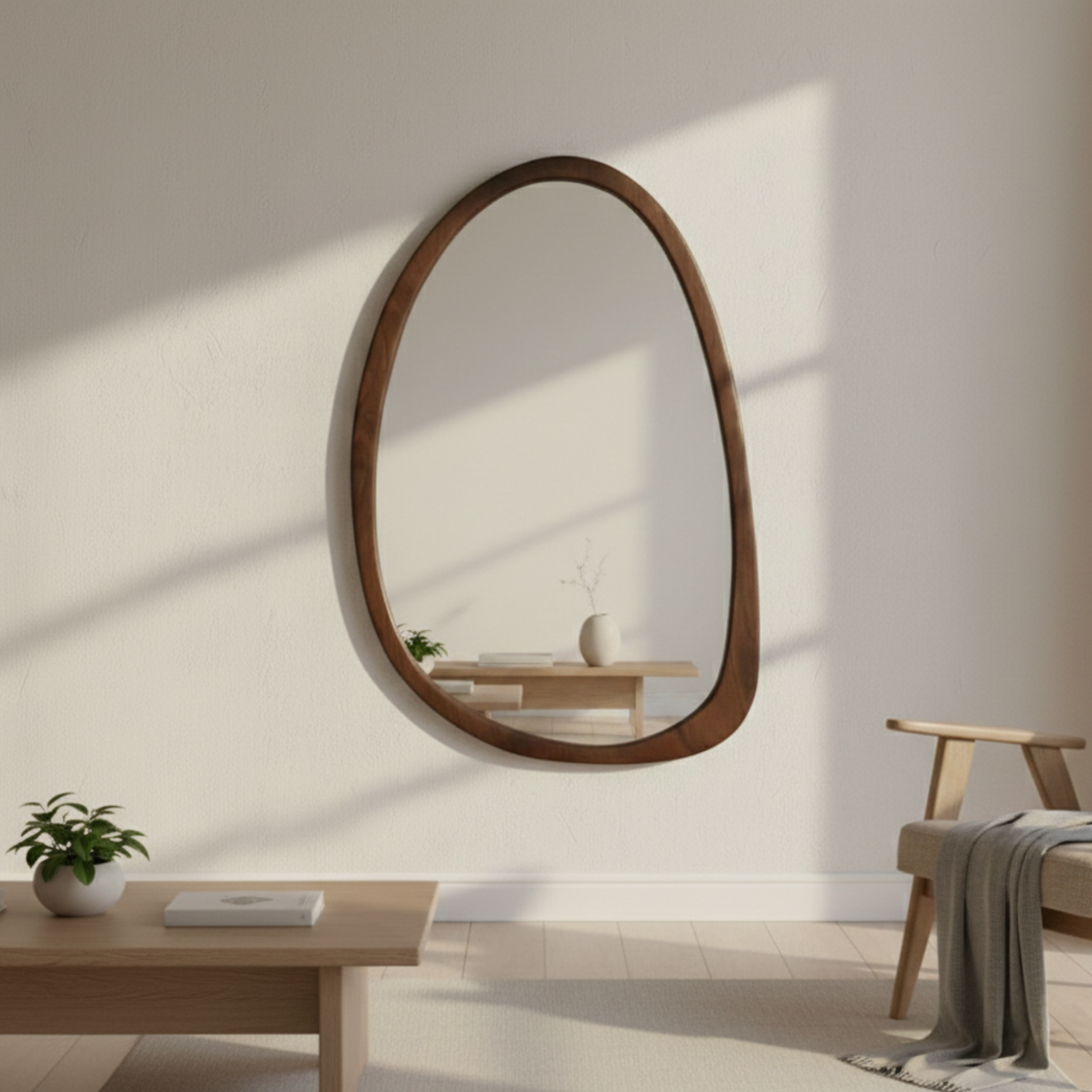 Unregelmäßiger Wandspiegel mit Holzrahmen