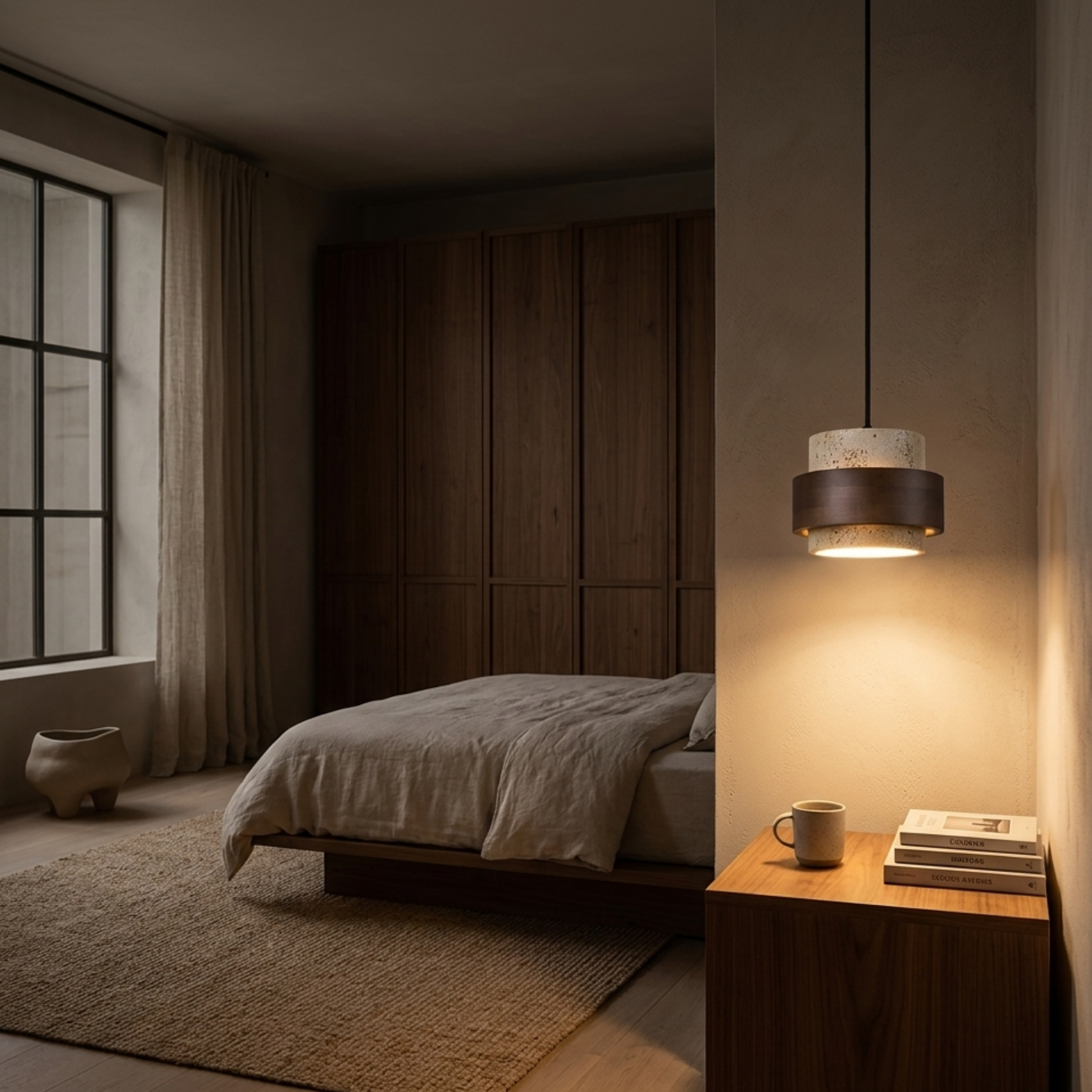 Kleine LED Pendelleuchte aus Stein in Walnussfarbe im Retro Stil