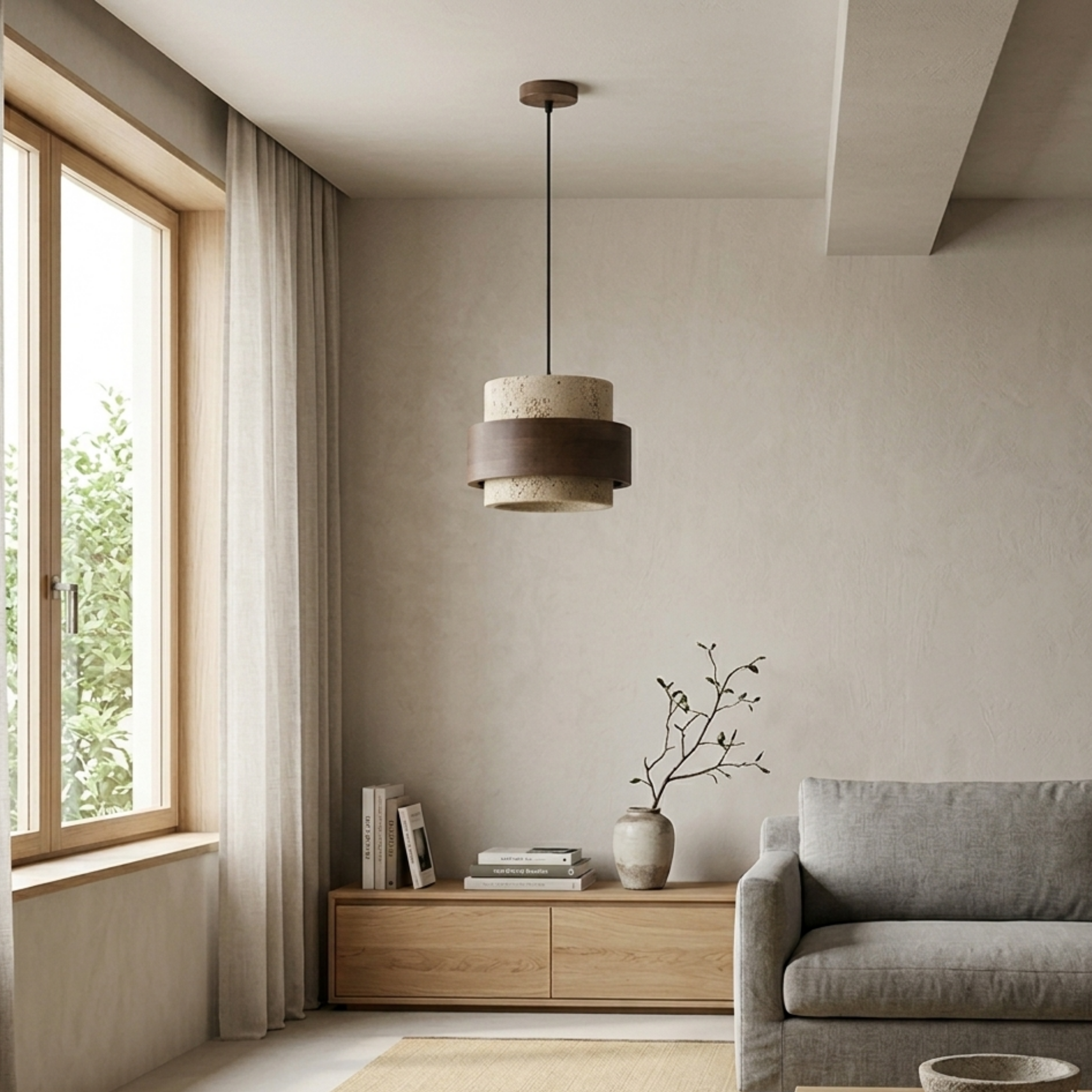 Kleine LED Pendelleuchte aus Stein in Walnussfarbe im Retro Stil