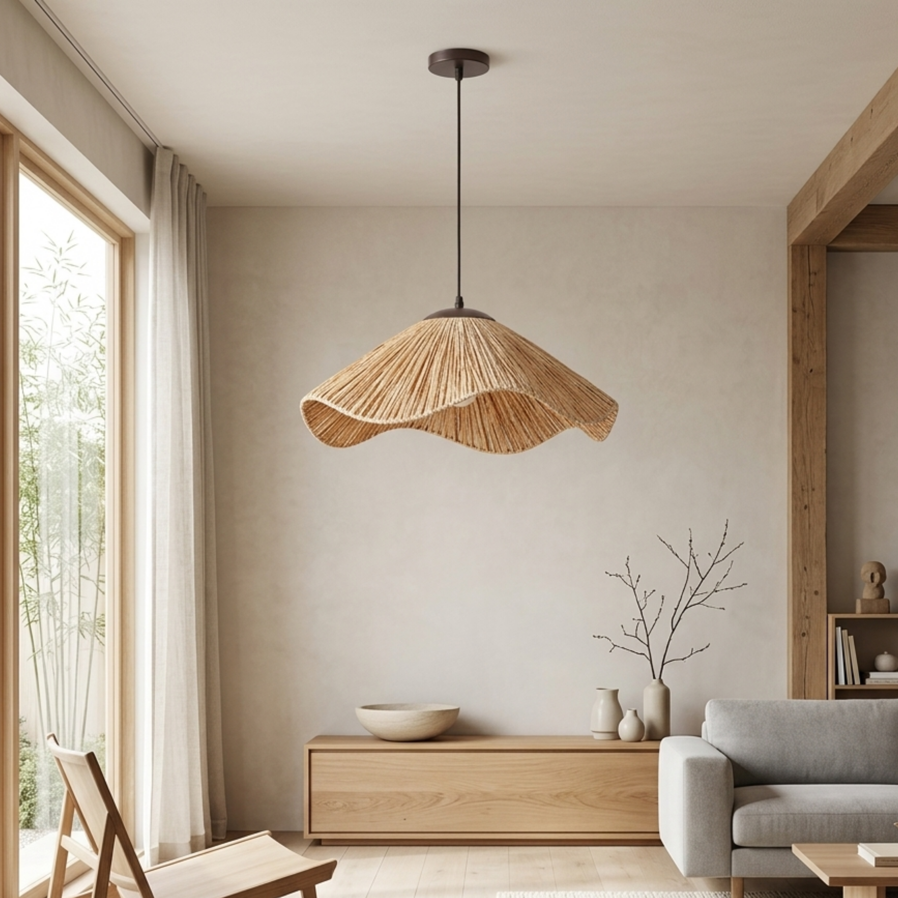 Chinesische Rattan Pendelleuchte im Strohhut Design