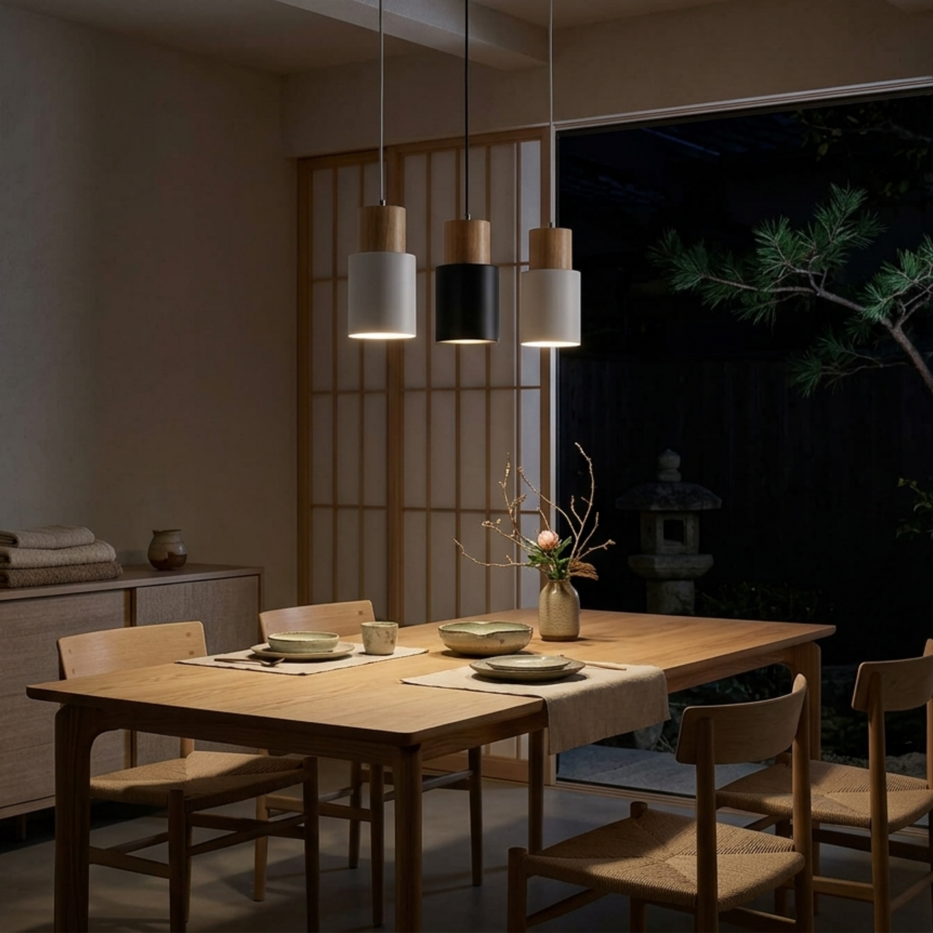Moderne Pendelleuchte aus Metall und Holz mit Farbenfrohem Design