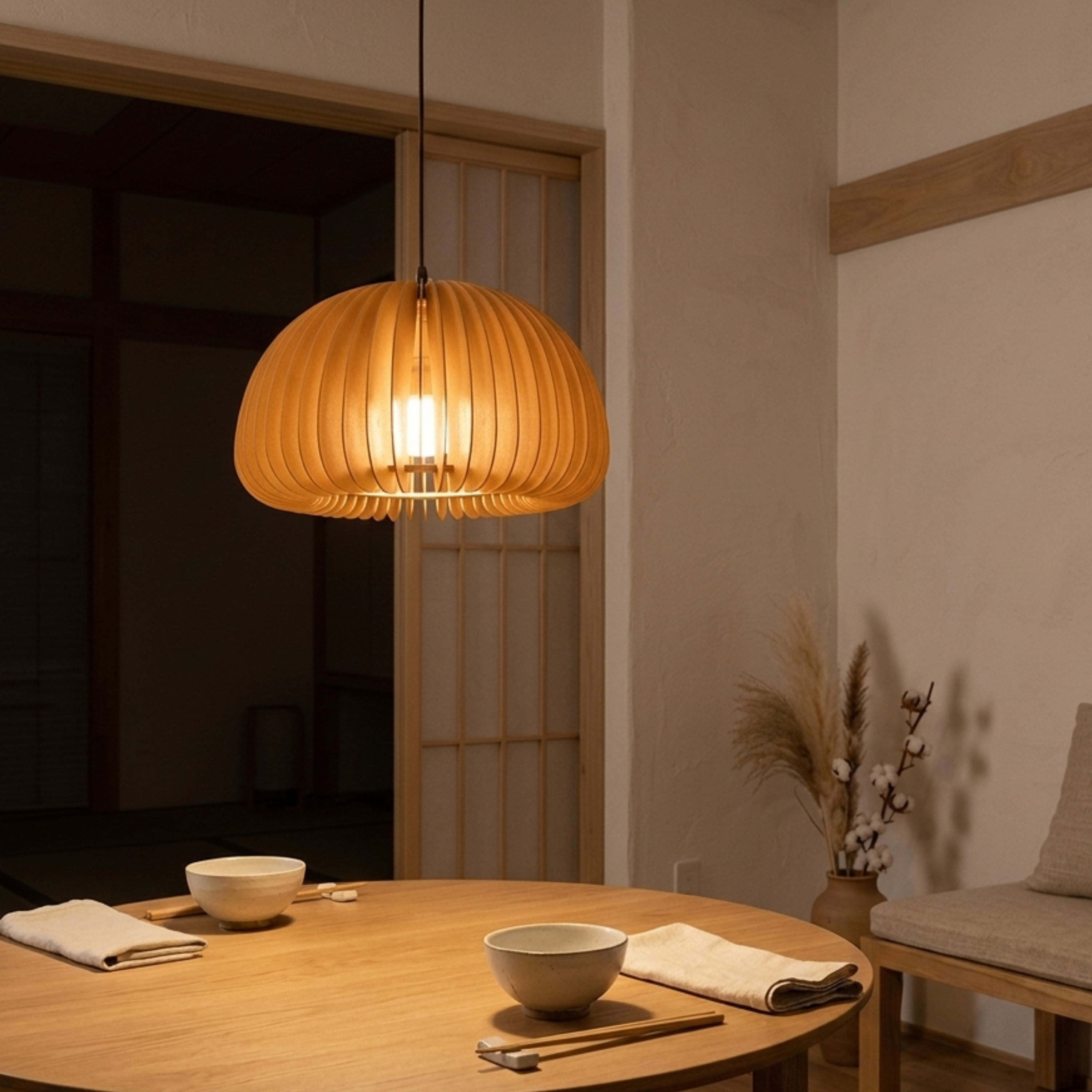 Moderne Holz Pendelleuchte im Kürbis Design