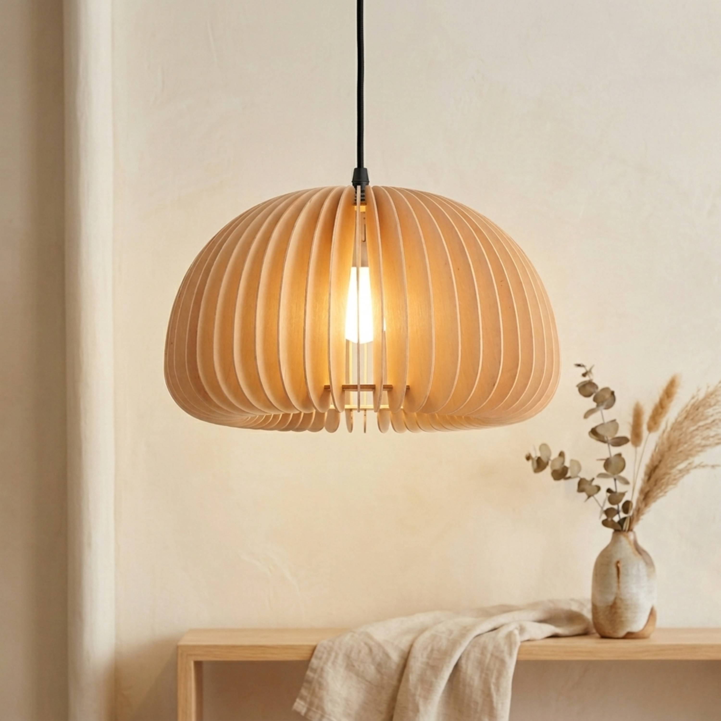 Moderne Holz Pendelleuchte im Kürbis Design