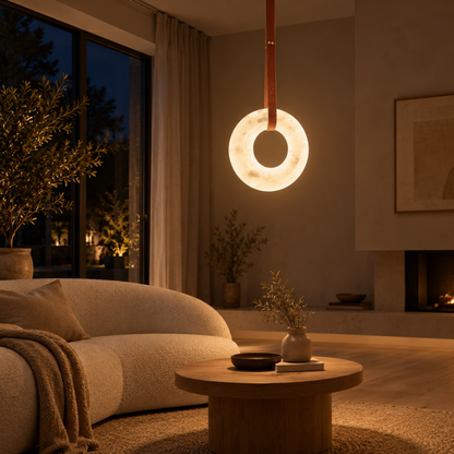 Moderne Minimalistische LED Ringpendelleuchte in Marmoroptik