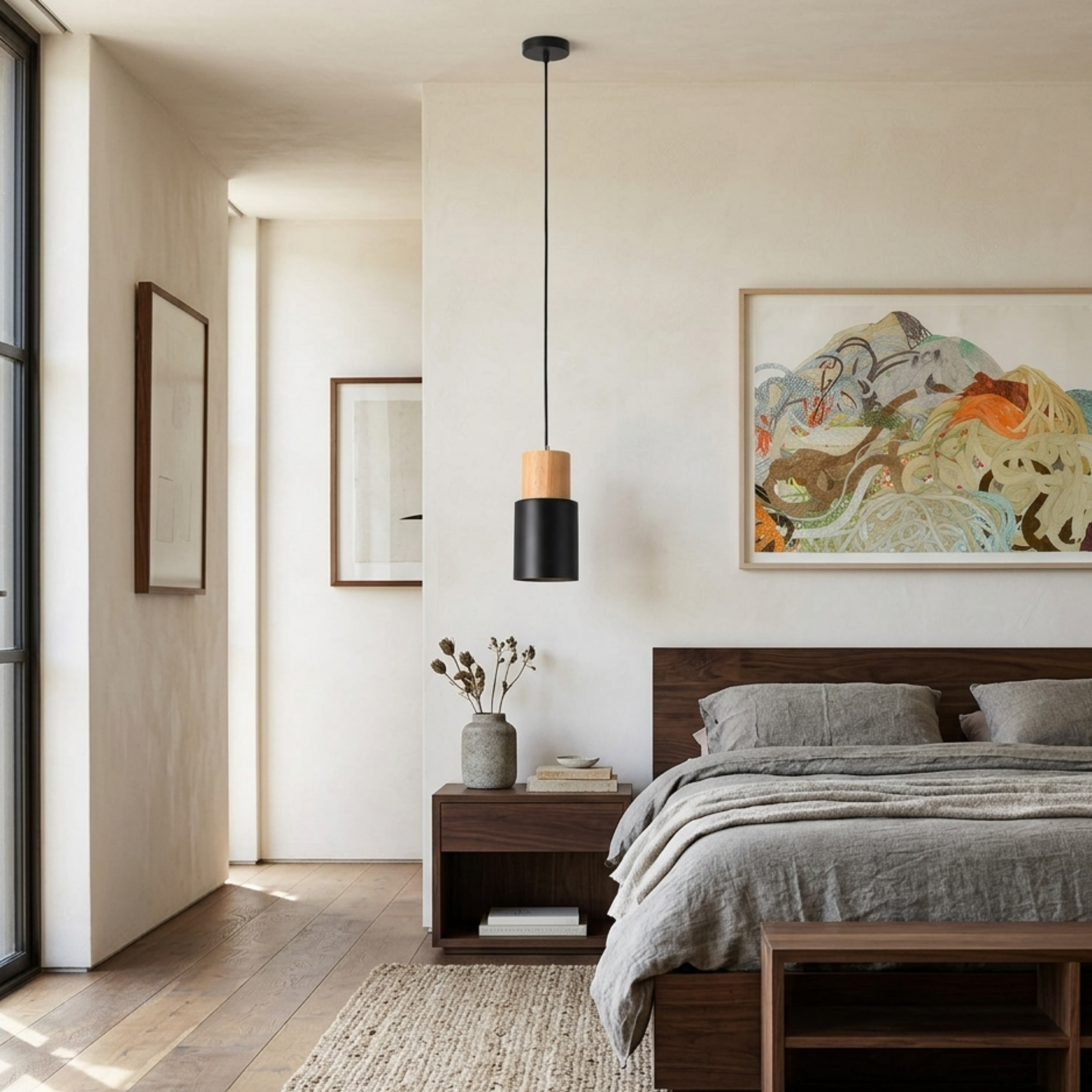 Moderne Pendelleuchte aus Metall und Holz mit Farbenfrohem Design