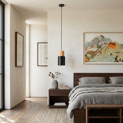 Moderne Pendelleuchte aus Metall und Holz mit Farbenfrohem Design