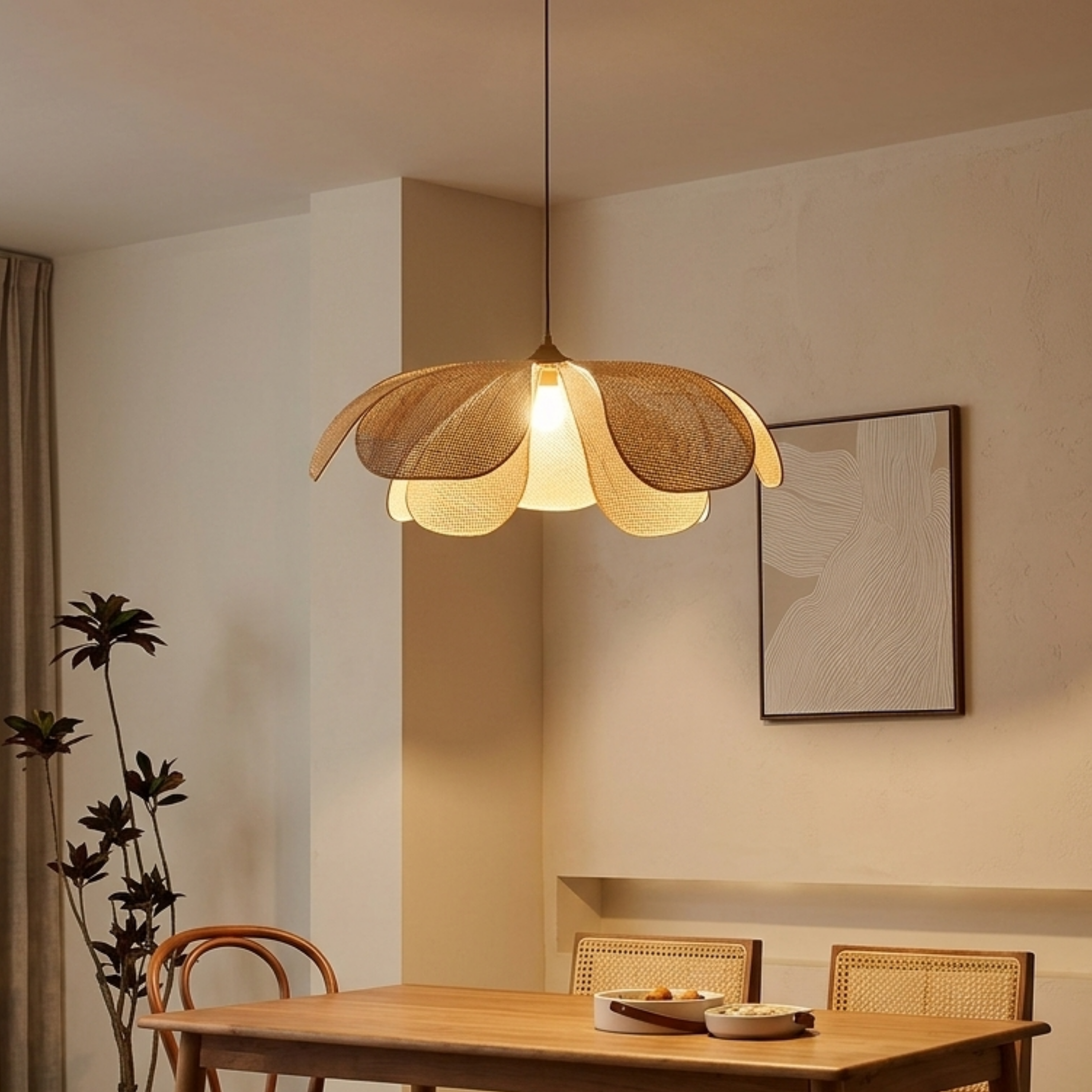 Geflochtene Rattan Hängelampe im Blüten Design
