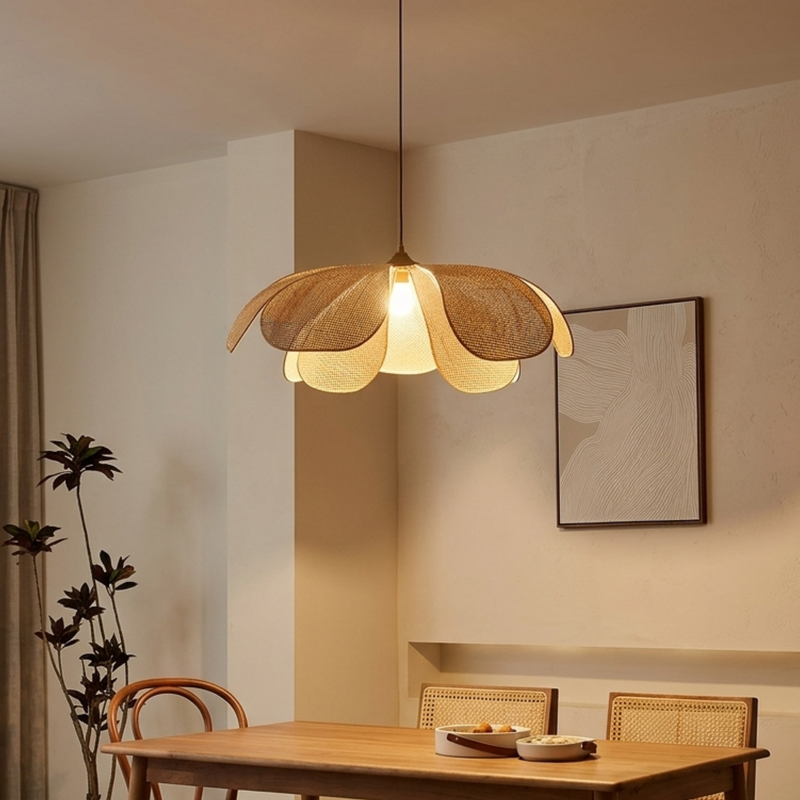 Geflochtene Rattan Hängelampe im Blüten Design