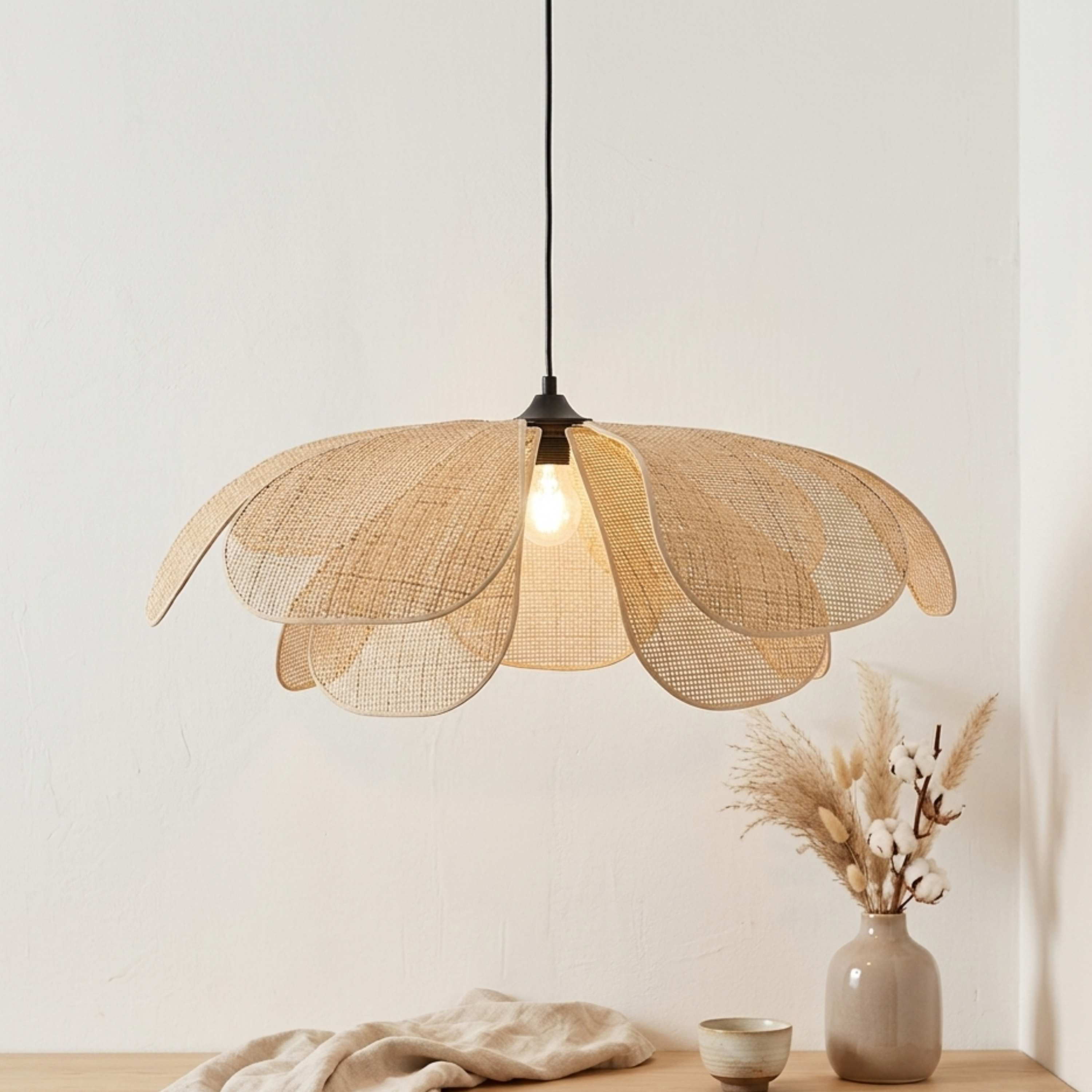 Geflochtene Rattan Hängelampe im Blüten Design