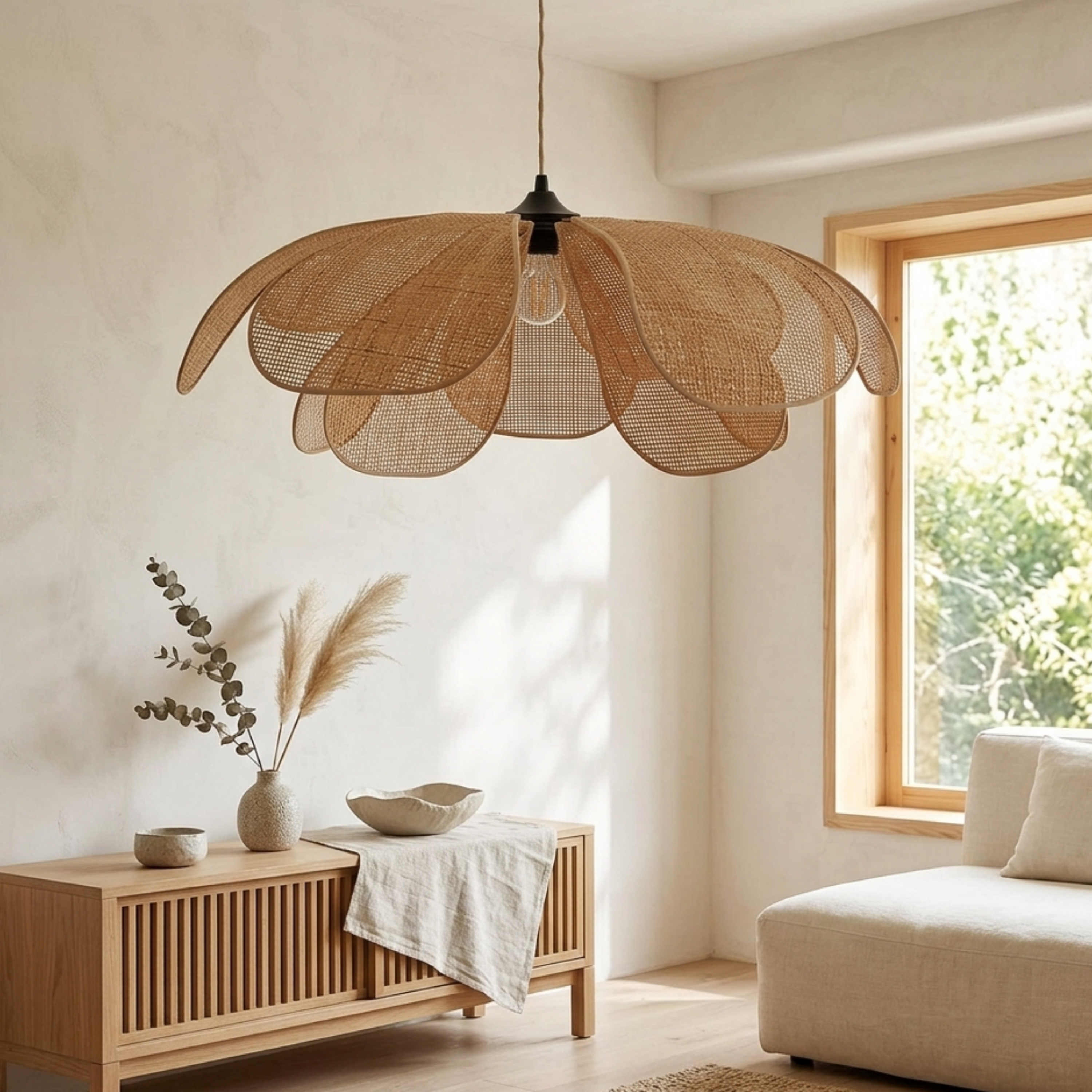 Geflochtene Rattan Hängelampe im Blüten Design