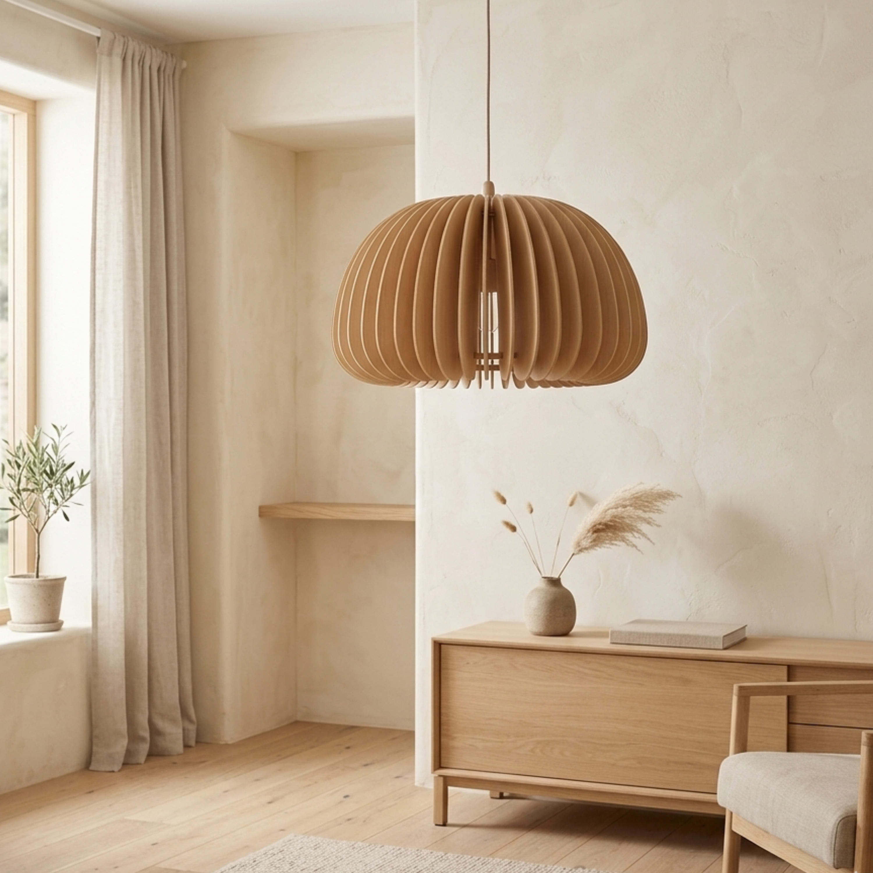 Moderne Holz Pendelleuchte im Kürbis Design