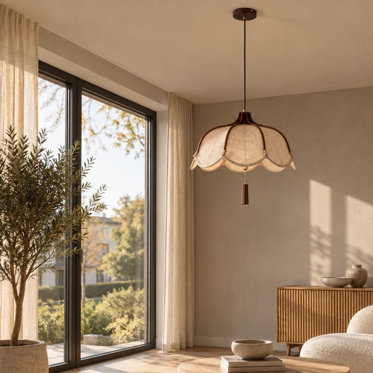 Elegante Holz-Stoff LED-Pendelleuchte