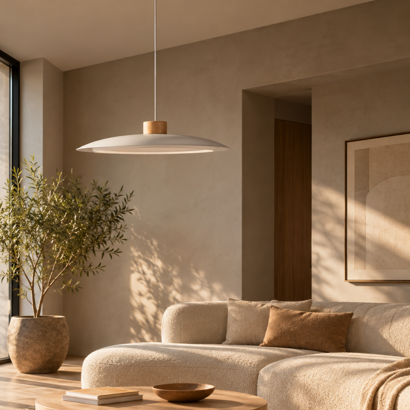 Moderne Runde Dimm­bare LED-Holzpendelleuchte