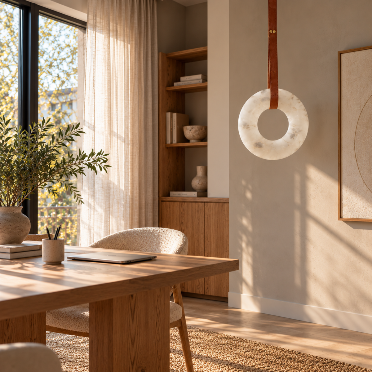 Moderne Minimalistische LED Ringpendelleuchte in Marmoroptik