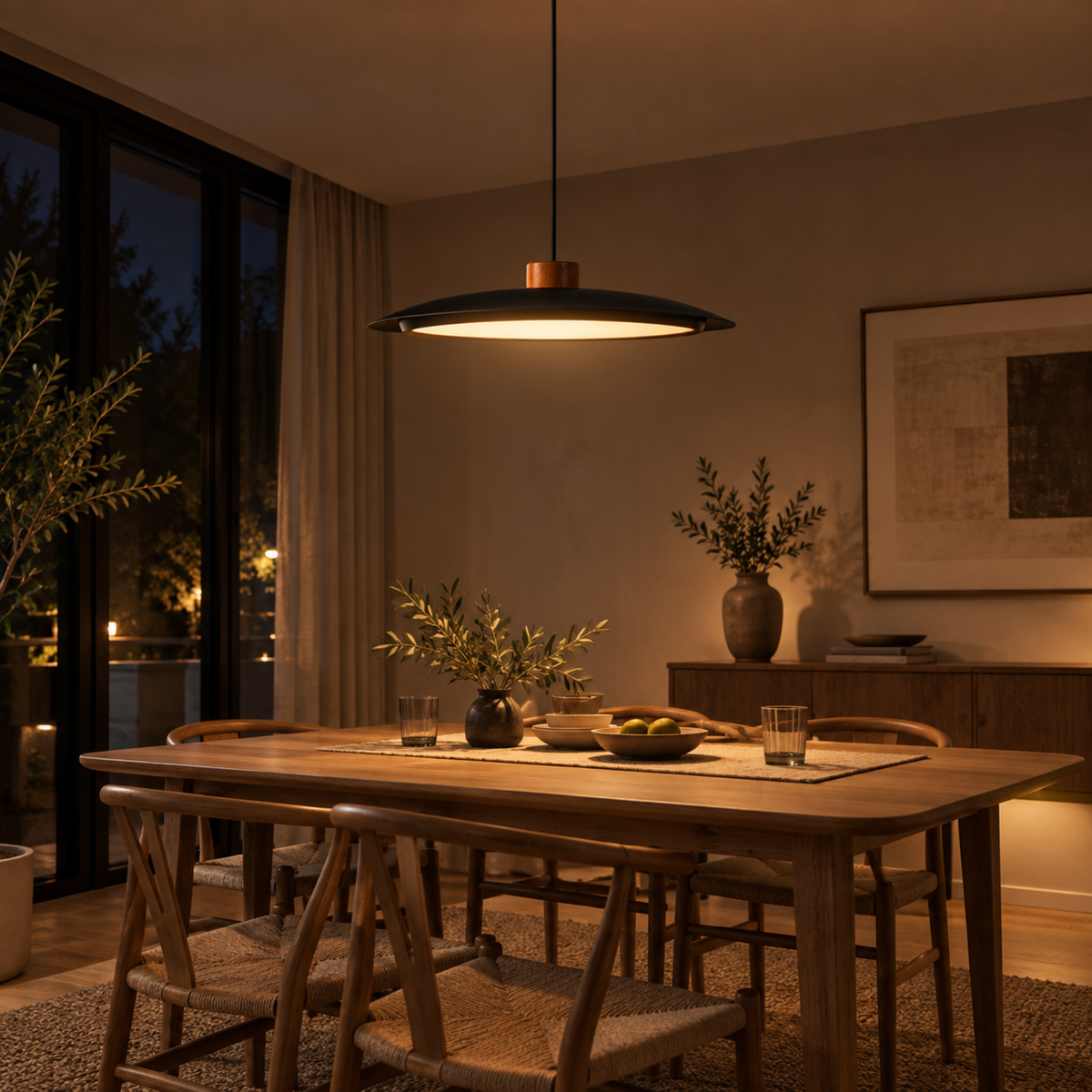 Moderne Runde Dimm­bare LED-Holzpendelleuchte