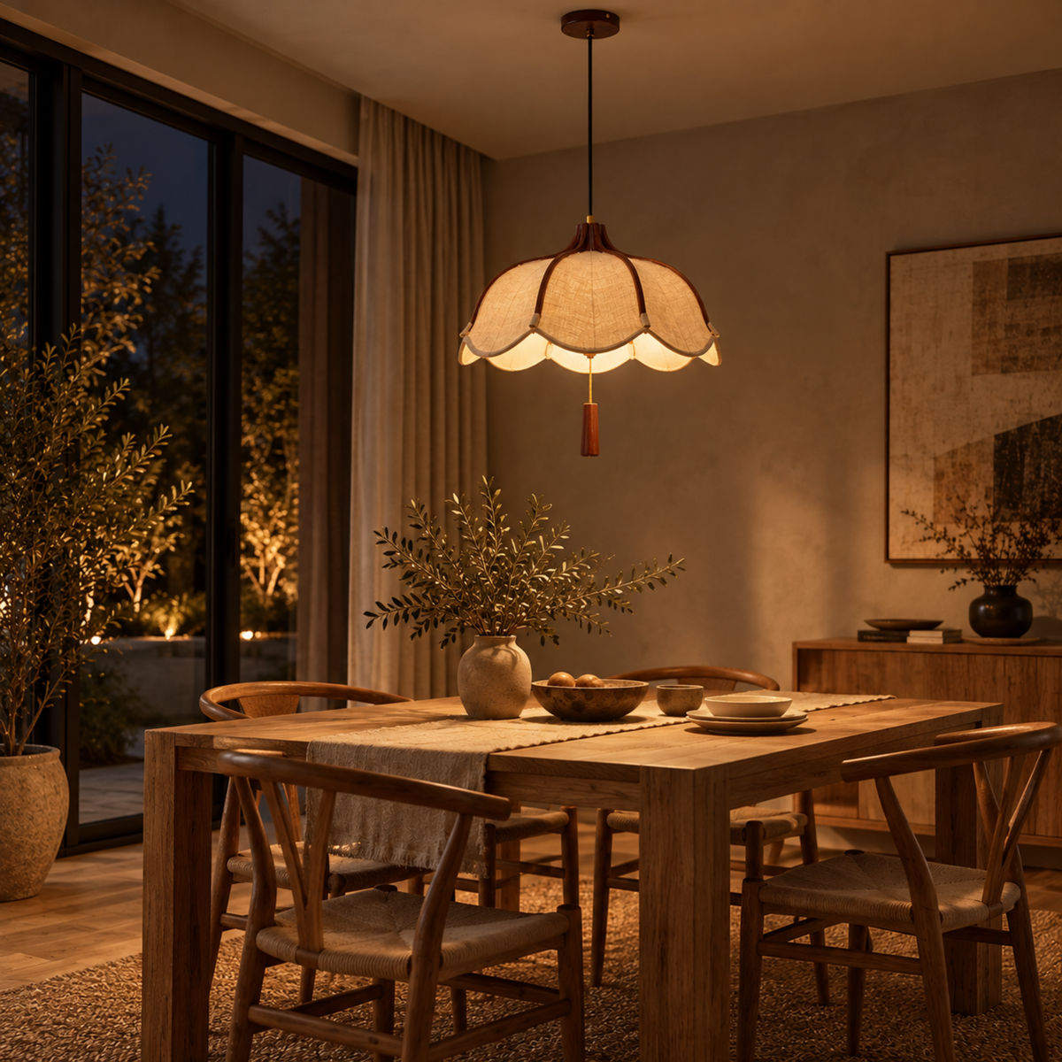 Elegante Holz-Stoff LED-Pendelleuchte