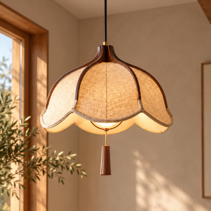 Elegante Holz-Stoff LED-Pendelleuchte