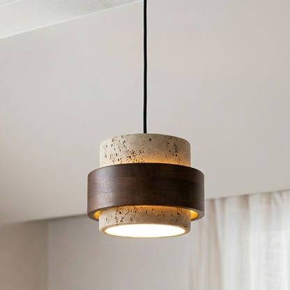 Kleine LED Pendelleuchte aus Stein in Walnussfarbe im Retro Stil